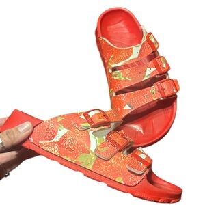 Birkenstock Birkis Strawberry Print Red Three Strap Sandals SIze 36 S